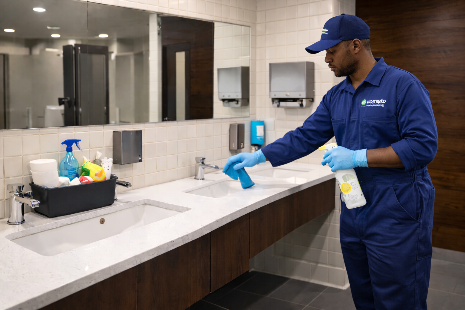 Restroom sanitation service in a commercial washroom