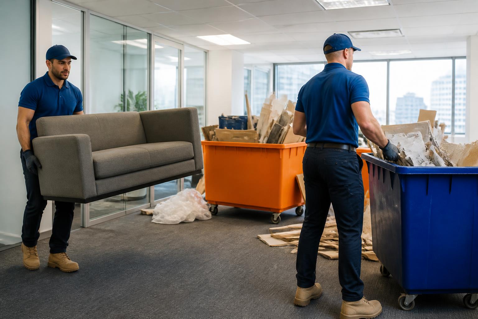 Junk removal crew removing furniture and debris from an office